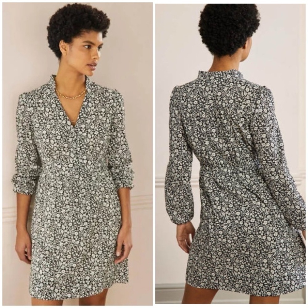 Boden Black White Notch Neck Long Sleeve Tea Dress Wildflower Size 12R US